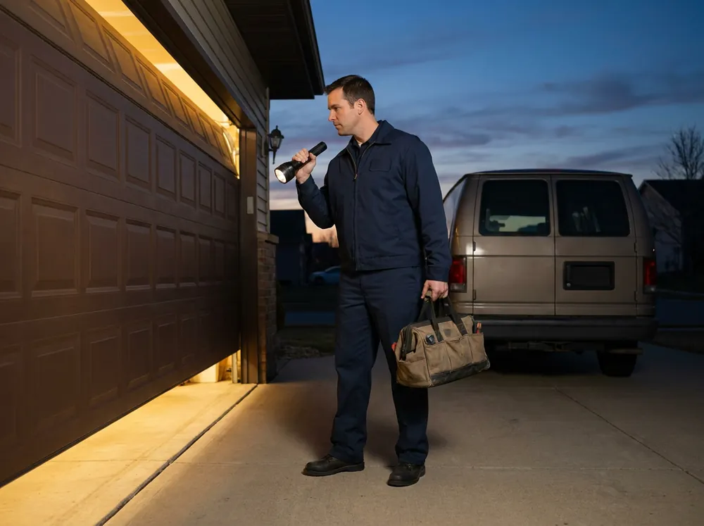 A technician on a 24/7 emergency garage door call