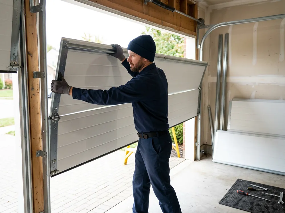 A technician installing a new garage door