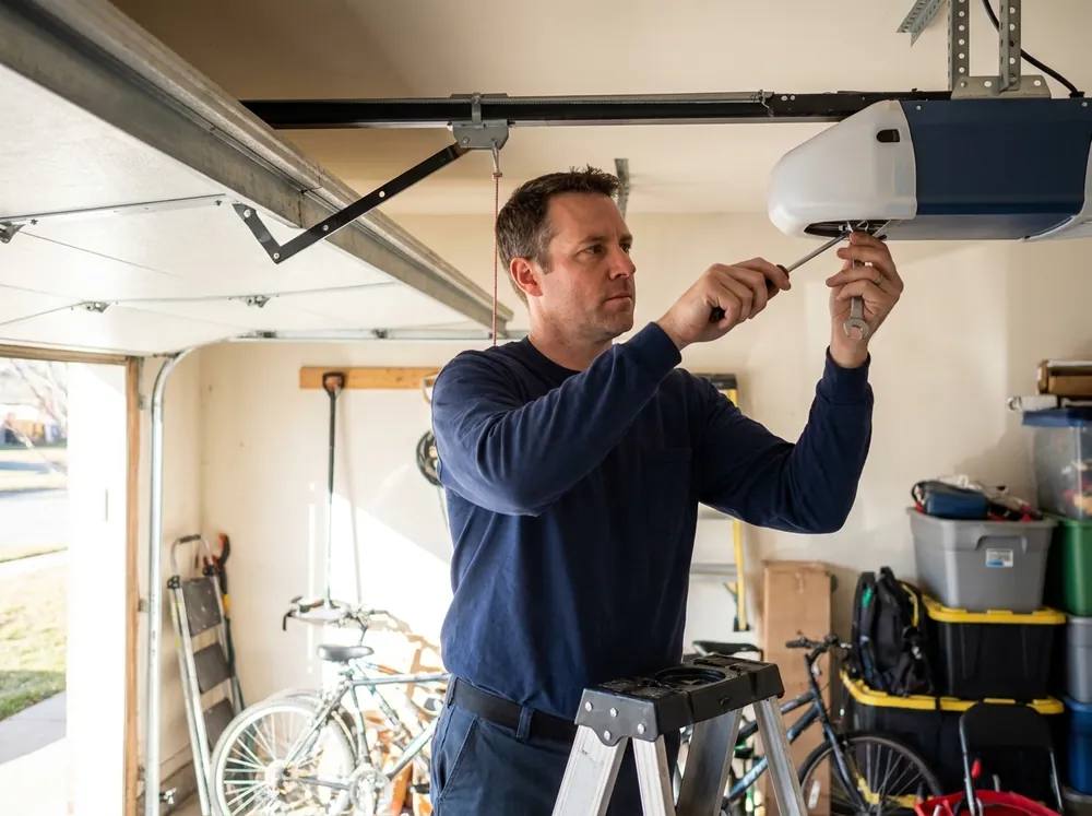 A technician repairing a garage door opener