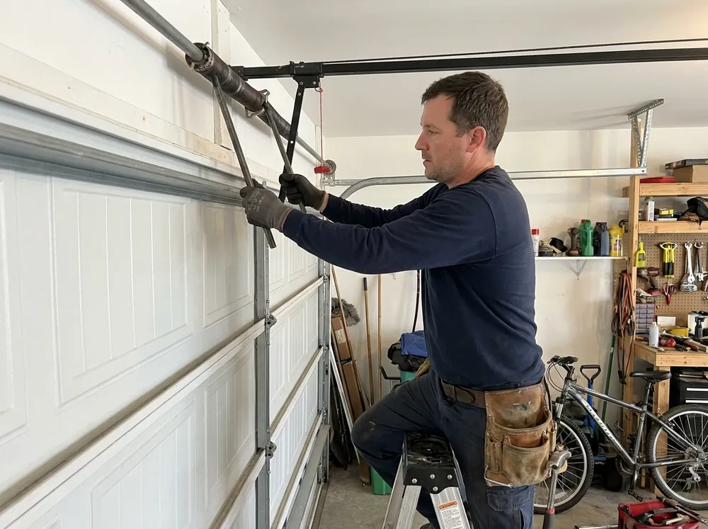 A technician replacing a garage door torsion spring