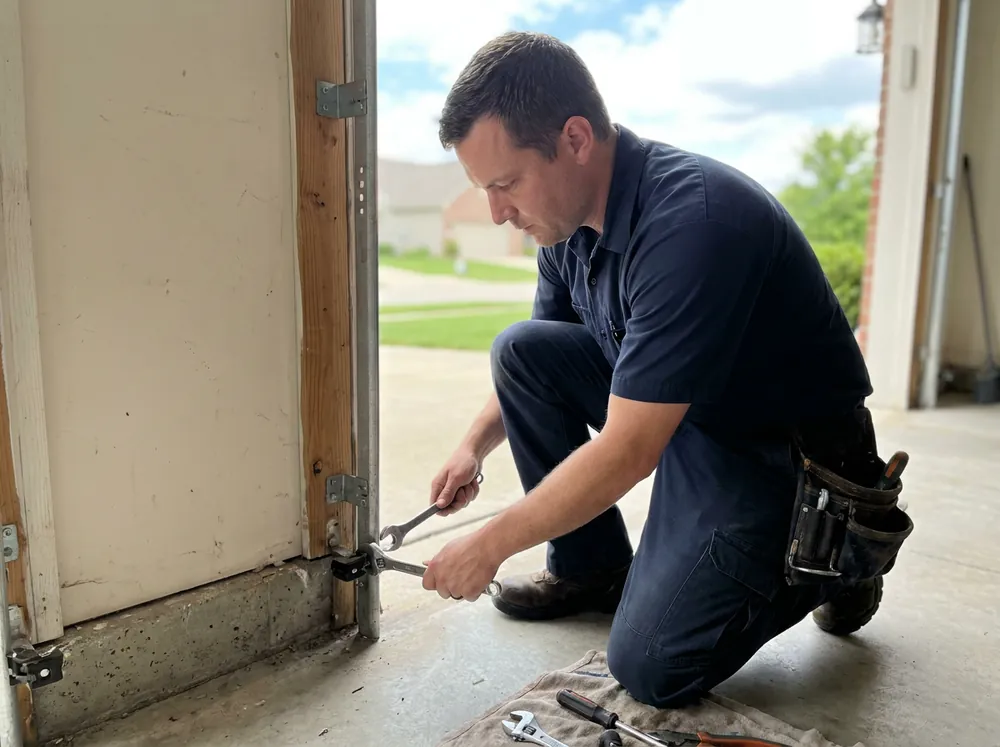 A technician adjusting a garage door track and rollers
