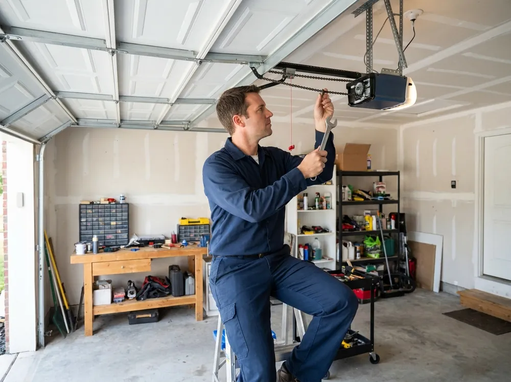 A technician servicing a garage door opener unit